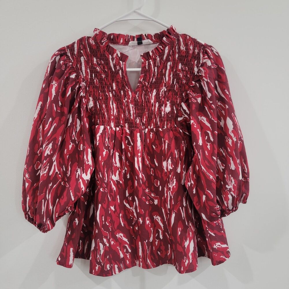 Michelle Mcdowell Womens Top Size Medium Red Smocked Peasant Flowy
